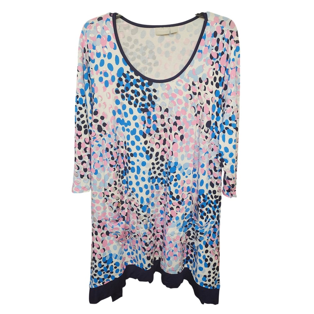 Zim & Zoe Polka Dot Metallic Tunic Top Blue Pink Sharkbite Pockets Womens 16 Art